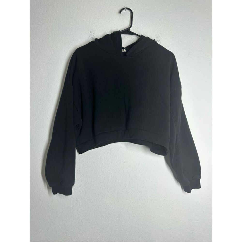 Heart & Hips Black Cotton Blend Cropped Hoodie Sweatshirt Size L